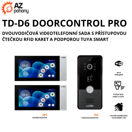 TD-D6 DOORCONTROL PRO - dvouvodičová videotelefonní sada s přístupovou čtečkou RFID karet a podporou Tuya Smart